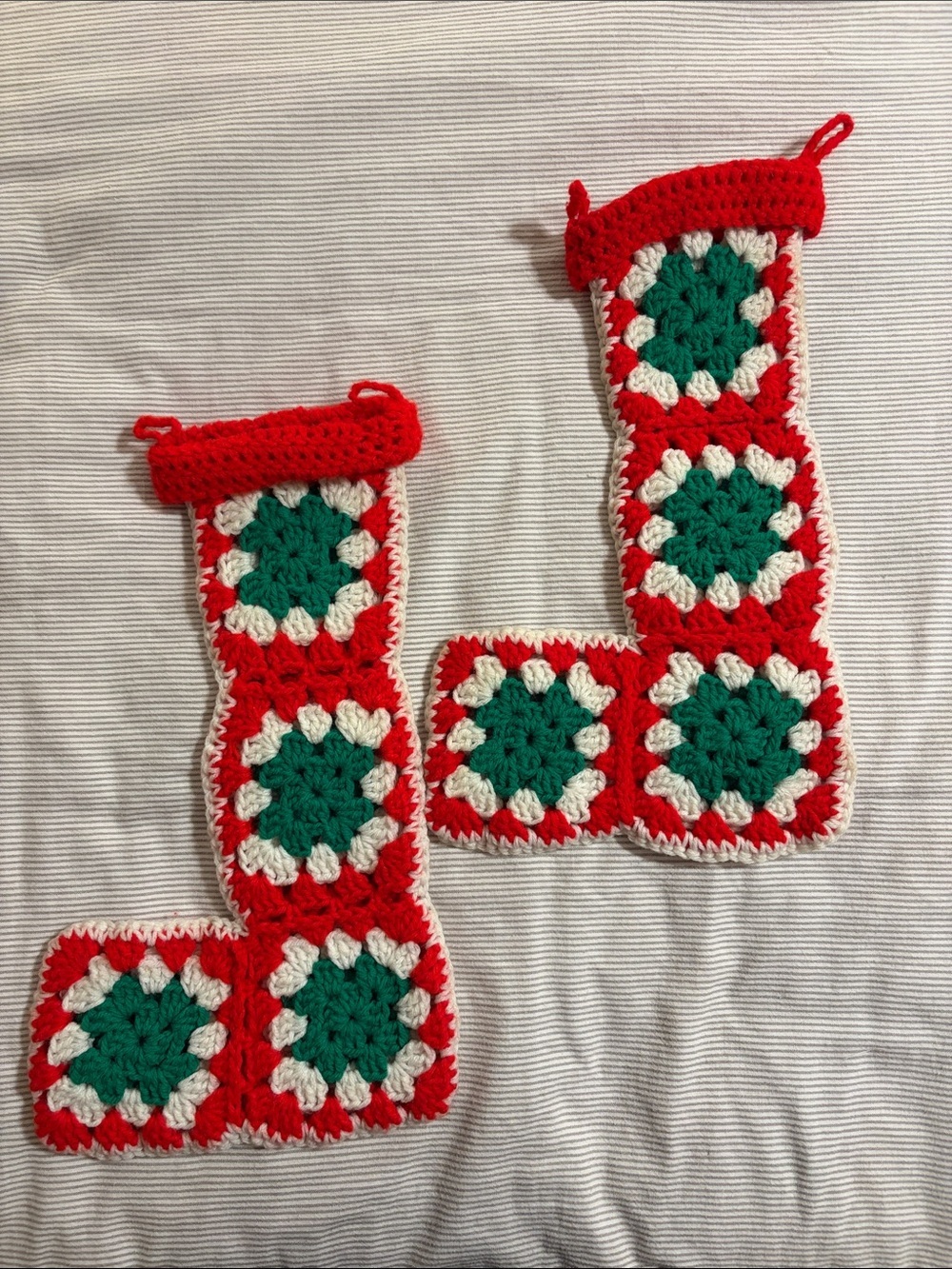 Handmade Crochet Christmas Stocking Pair - Red Green White - Picture 2 of 6